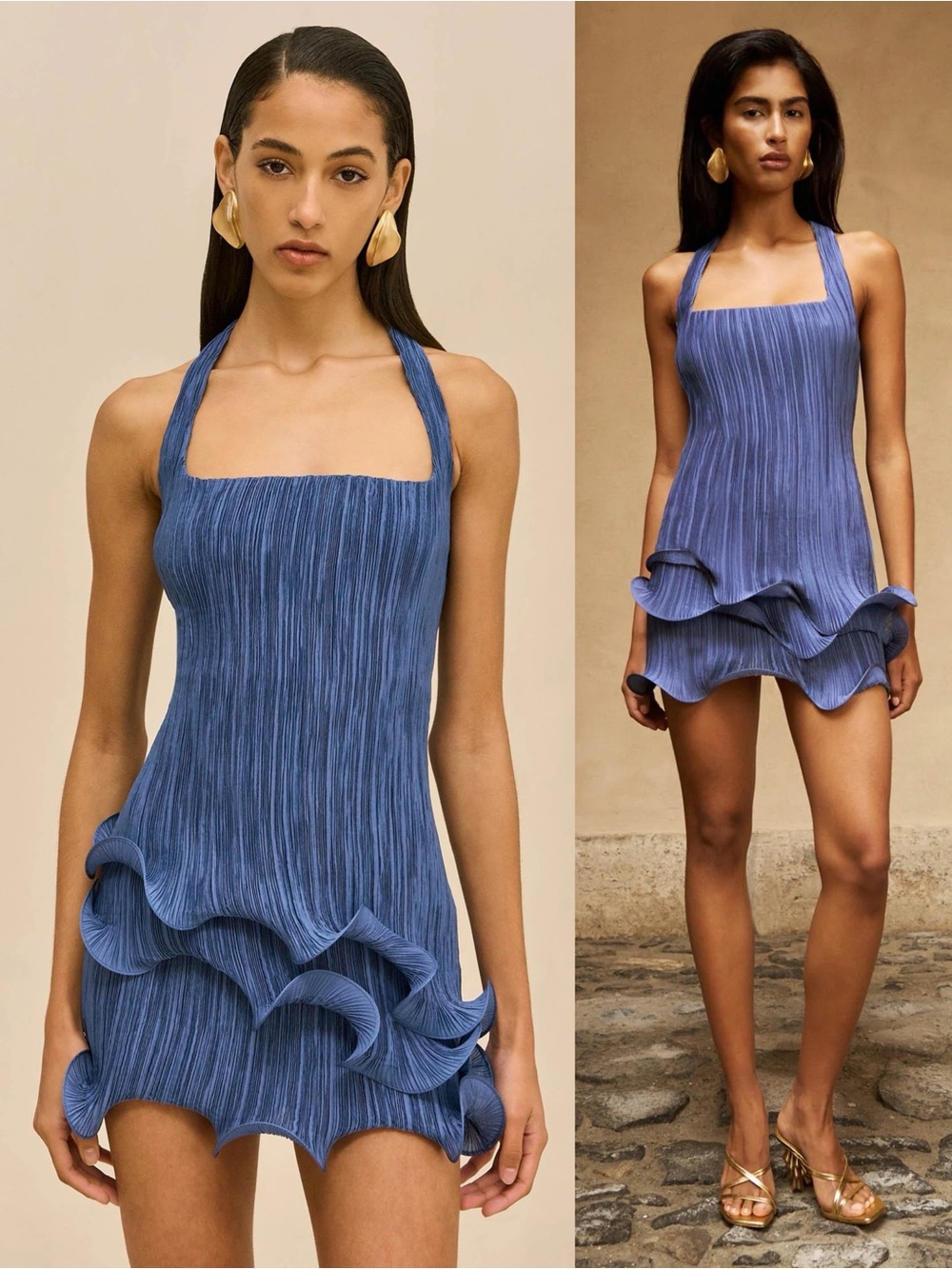 Cult Gaia Marsa Plisse Sculptural Ruffled Hem Mini Dress Tide Blue